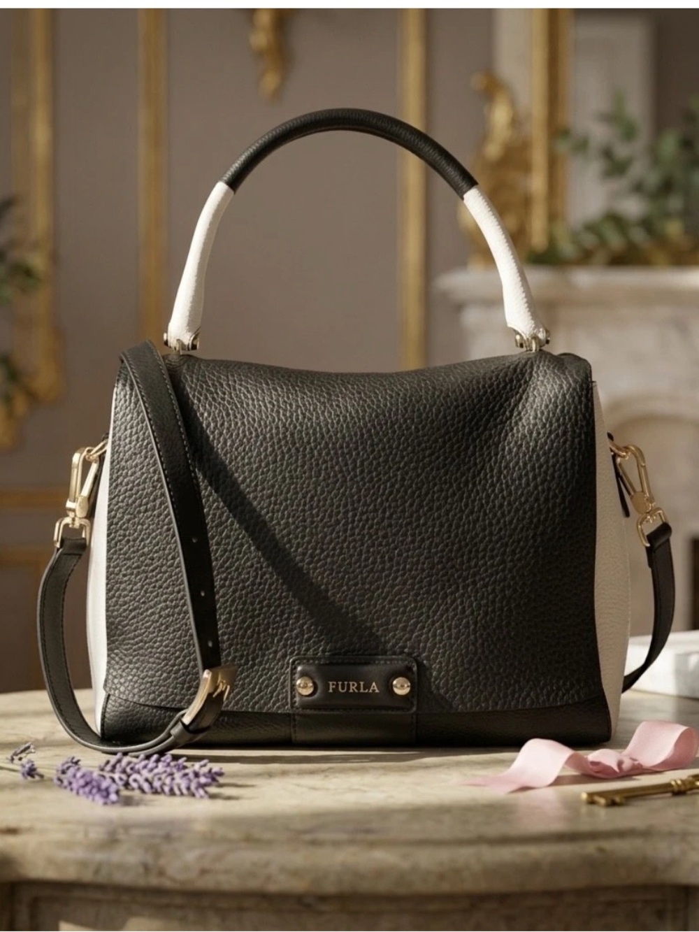 NEW FURLA Penelope Black/White Pebbled Leather Shoulder Bag MADE IN ITALY FURLA